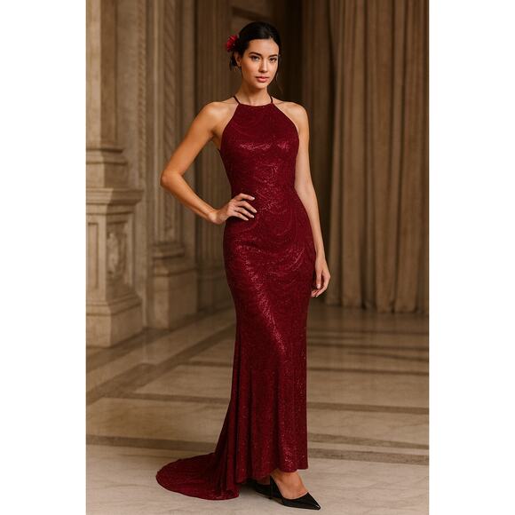 MSRP $168 NWT My Michelle Merlot Mermaid Lace Glitter Halter Back Gown, Size 3 - Picture 1 of 7